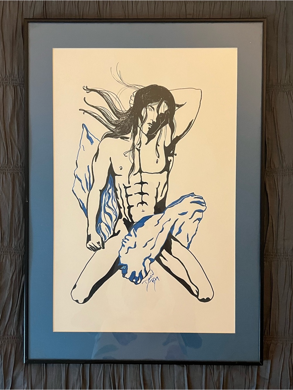 Framed Muscular Male Figure Original Artwork, signed by artist, not a print.